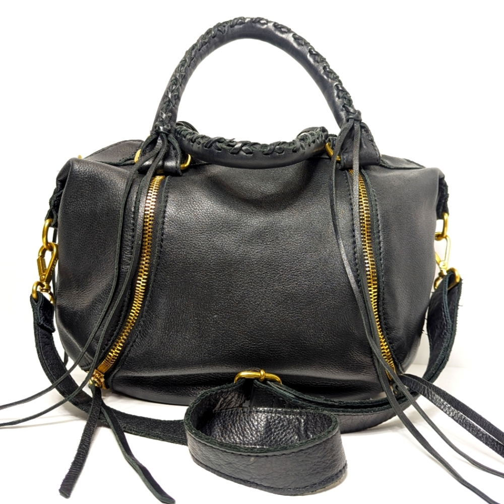 Linea Pelle Black Leather Crossbody Satchel with Gold Hardware